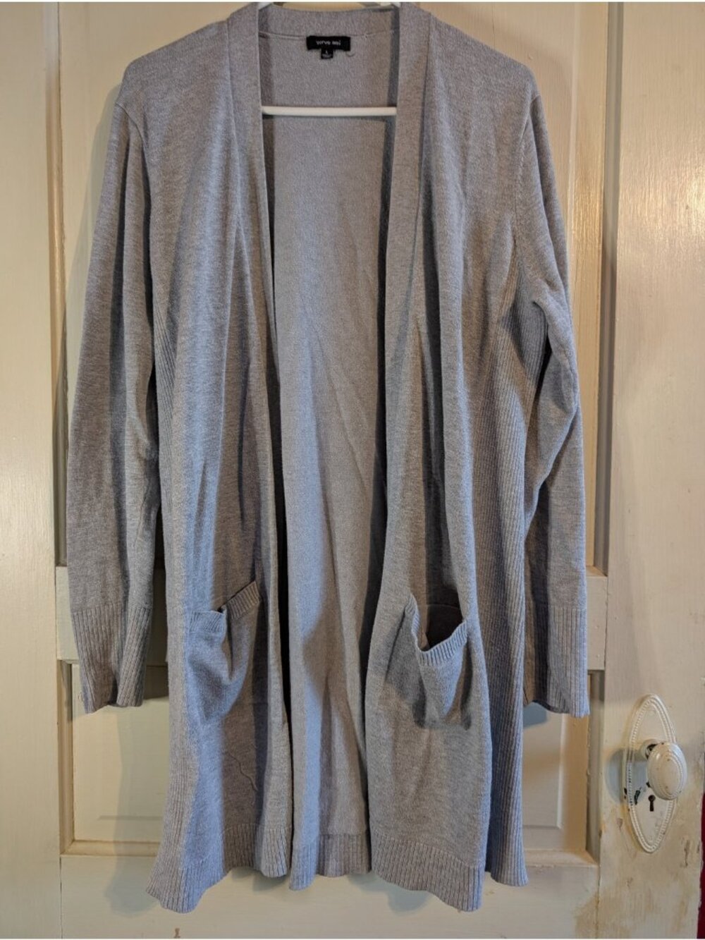 Verve Ami Open Front Long Sleeve Long Cardigan Slouchy Pockets Gray Size Large